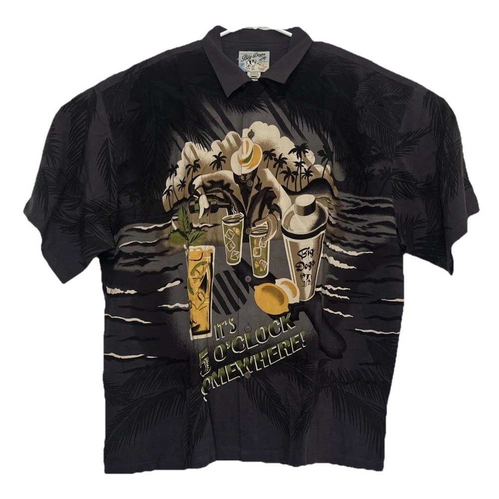 Big Dogs Button Up Shirt Men's‎ XL It's 5 O'Clock Somewhere Black Hawaiian NWOT